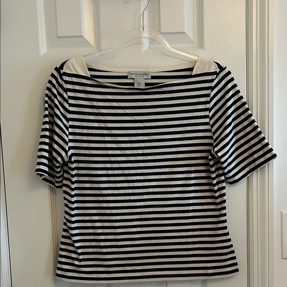 Martha Stewart Black and Cream Striped Short Sleeve Top